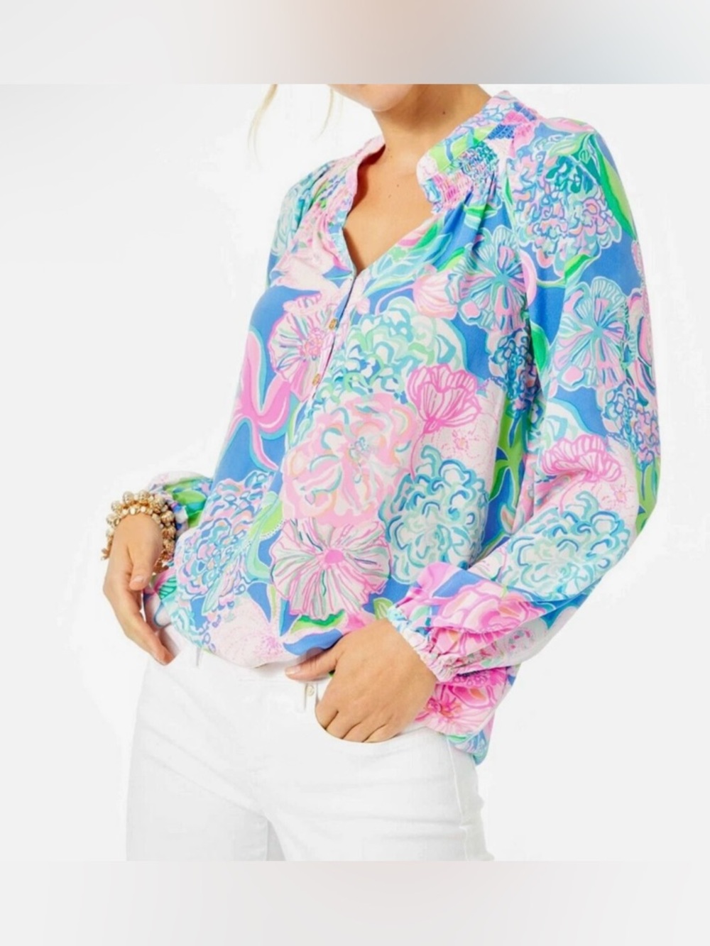 Lilly Pulitzer Elsa Silk Vibrant Floral Long Sleeve Blouse - Size S